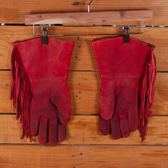 Vintage Handmade Native Style Leather Gauntlet Gloves with Beadwork and Fringe - Picture 2 of 10